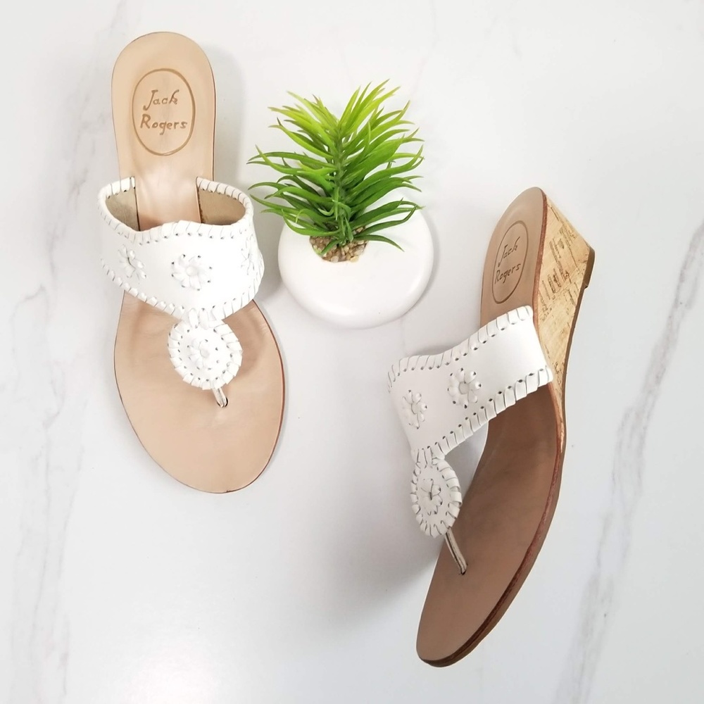JACK ROGERS Womens Jacks Mid Cork Wedge Thong Sandals White Whipstitch Leather